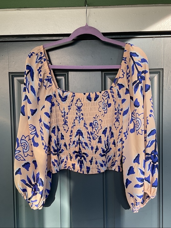 Sienna Sky Tops - Sienna Sky Beige Crop Top with Bold Blue Floral Print, Size M